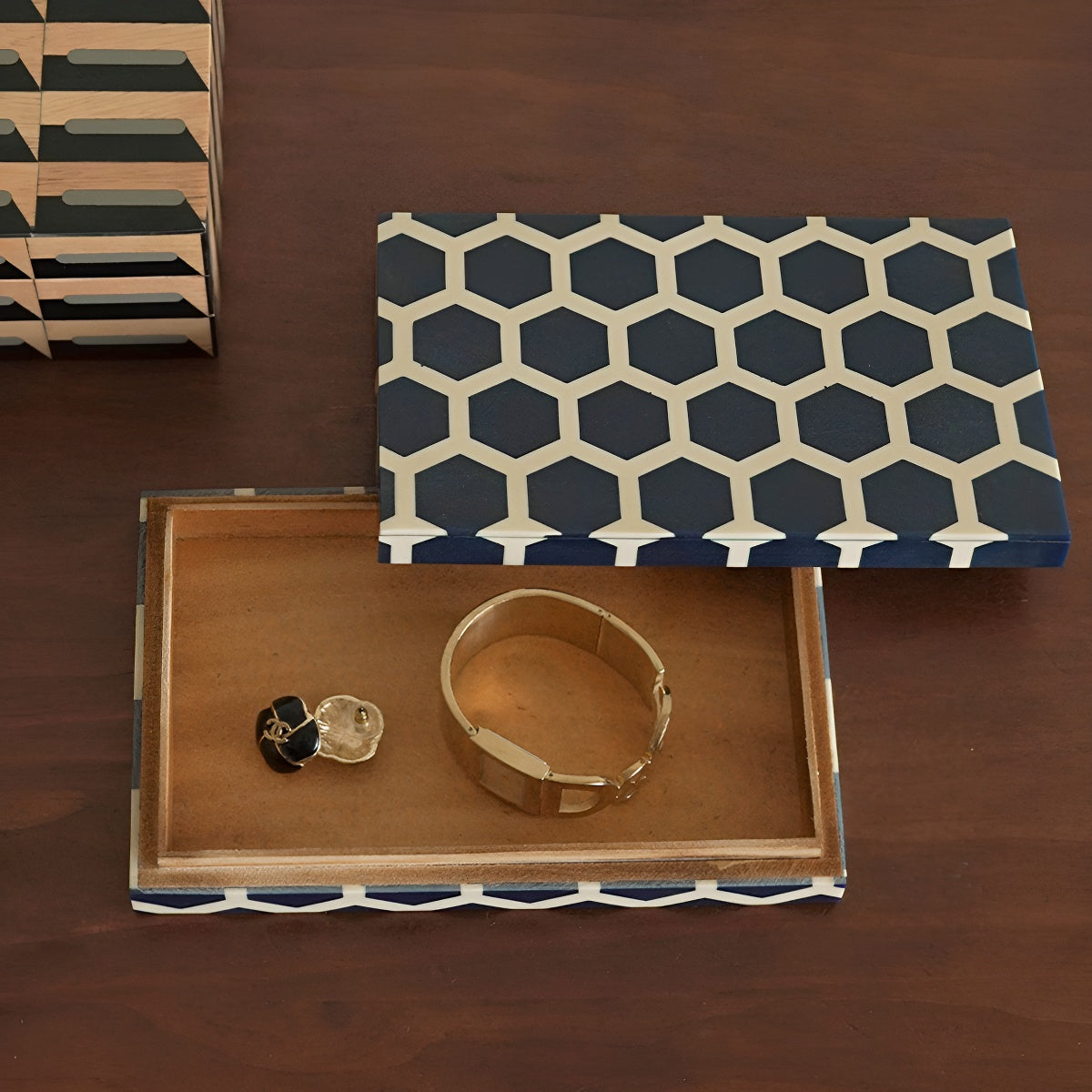 Geometric Pattern Wooden Jewelry Box