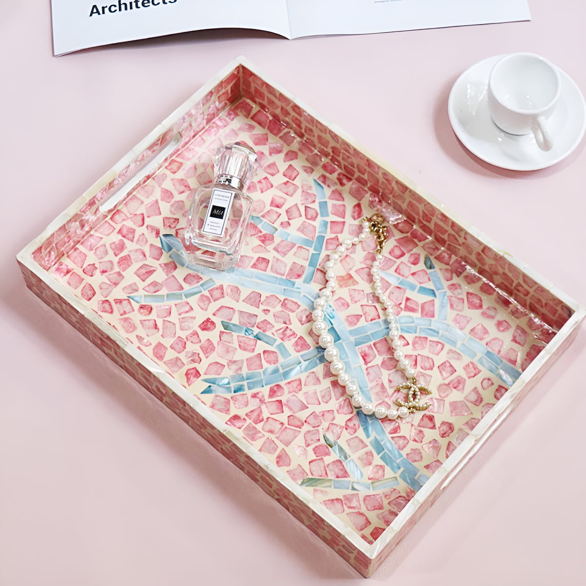 Rosy Glow Mother of Pearl Mosaic Rectangle Serving Tray