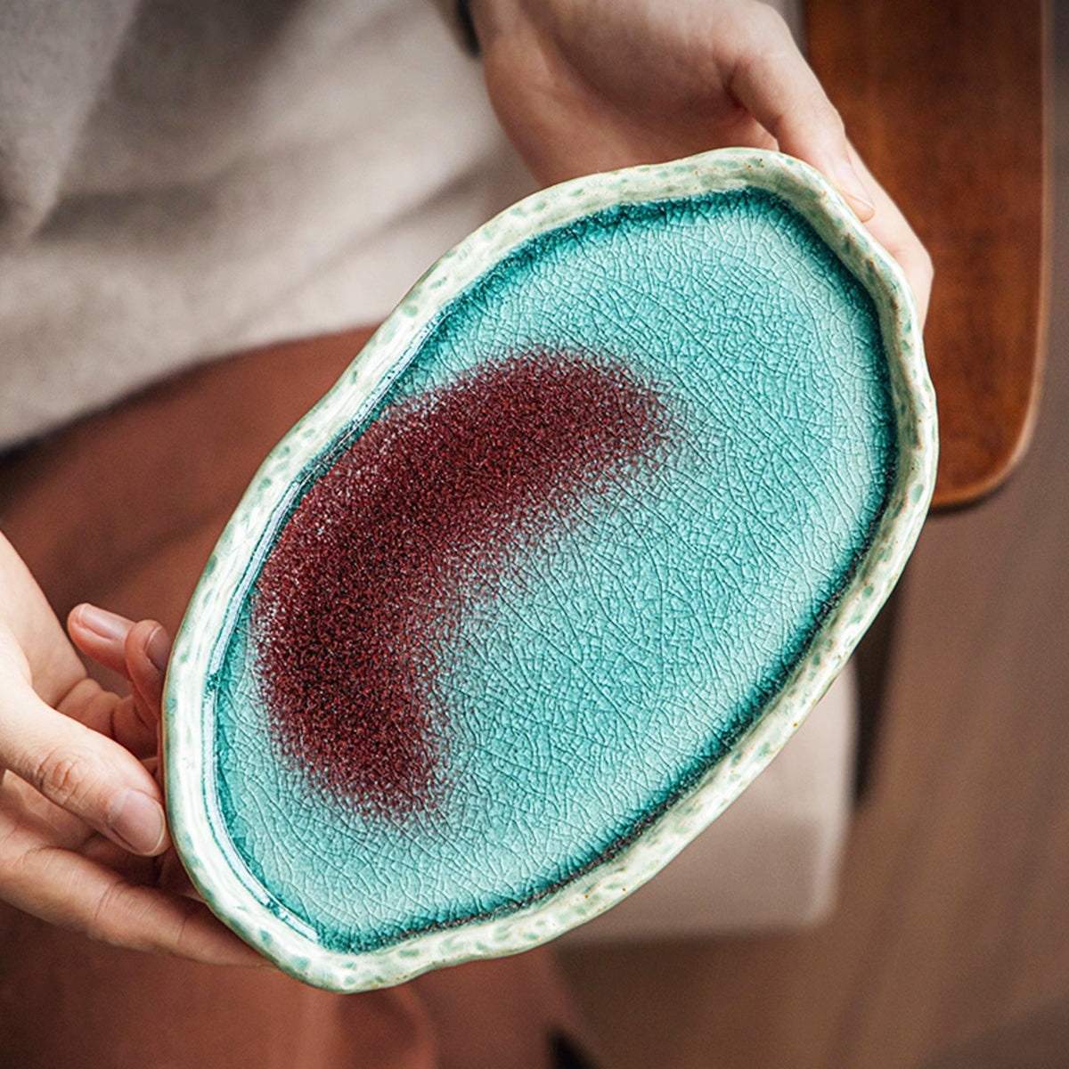 Turquoise Glacier Glazed Ripple Ceramic Shallow Tray