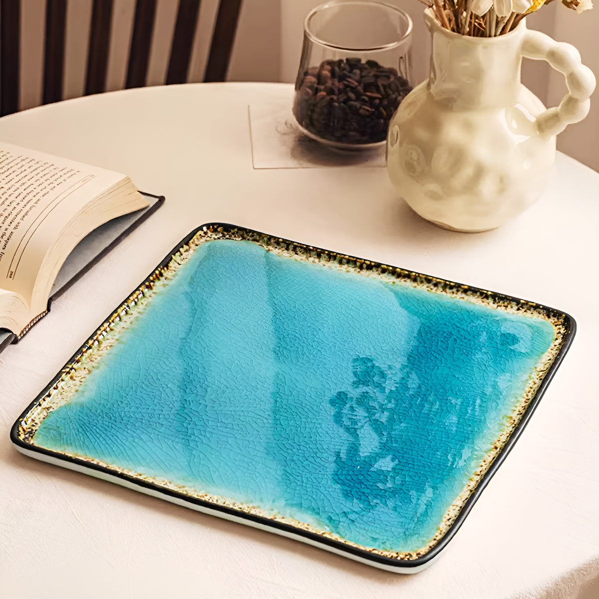 10.5 Inch Sea-Blue Crackle Glaze Square Ceramic Shallow Plate