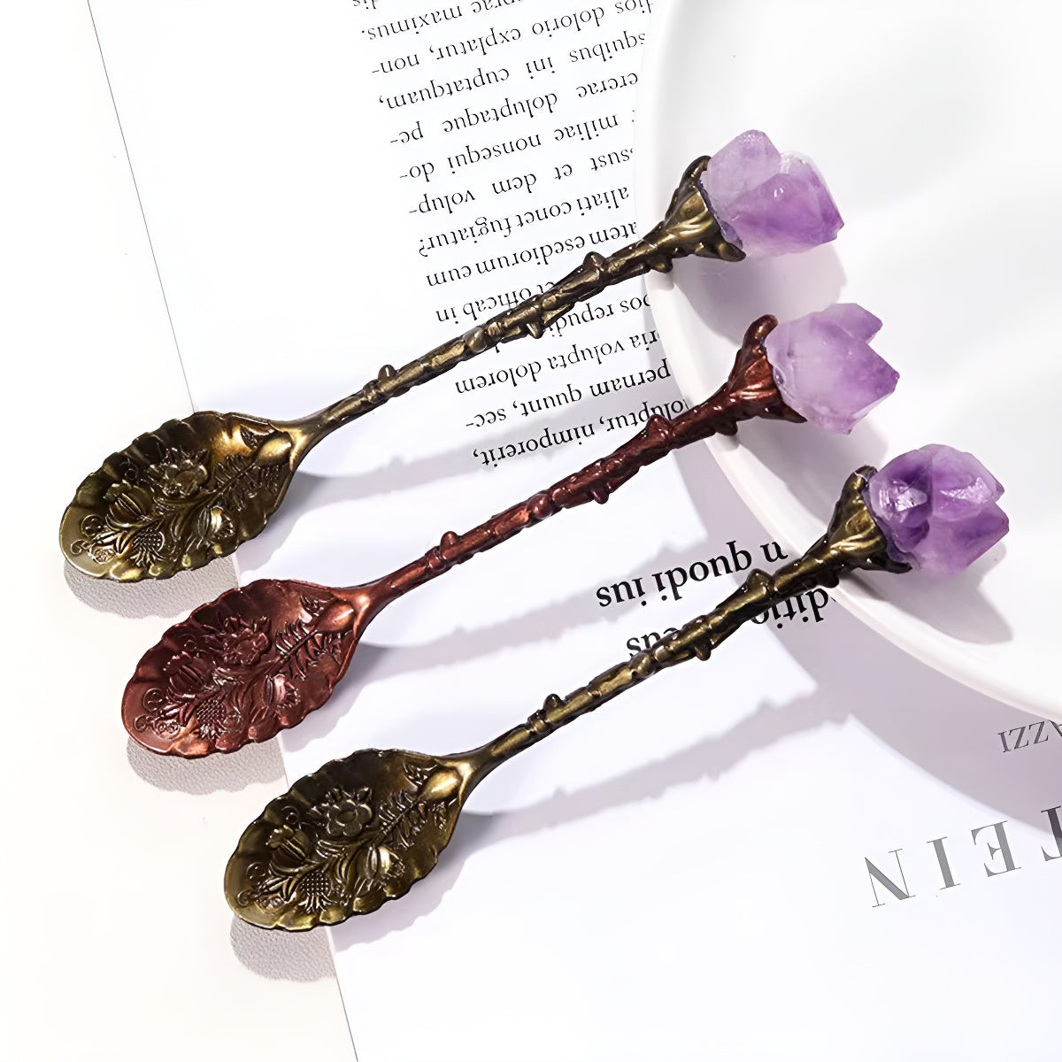 4pcs Vintage Natural Amethyst Crystal Metal Stirring Spoon Set