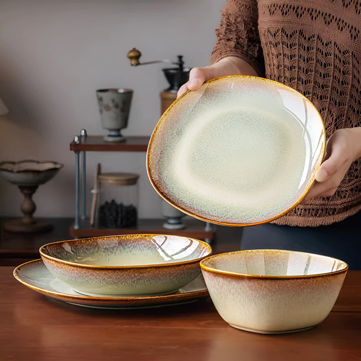 Kiln-Glazed Irregular Ceramic Bowl Plate Diningware