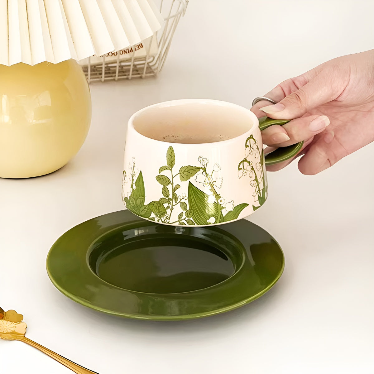 Green Lily-of-the-Valley Ceramic Coffee Cup & Saucer Set