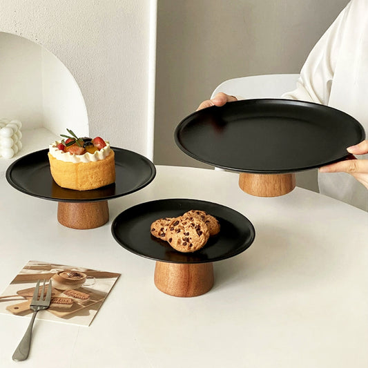 Minimalist Pedestal Tray – Matte Black & Wood Base