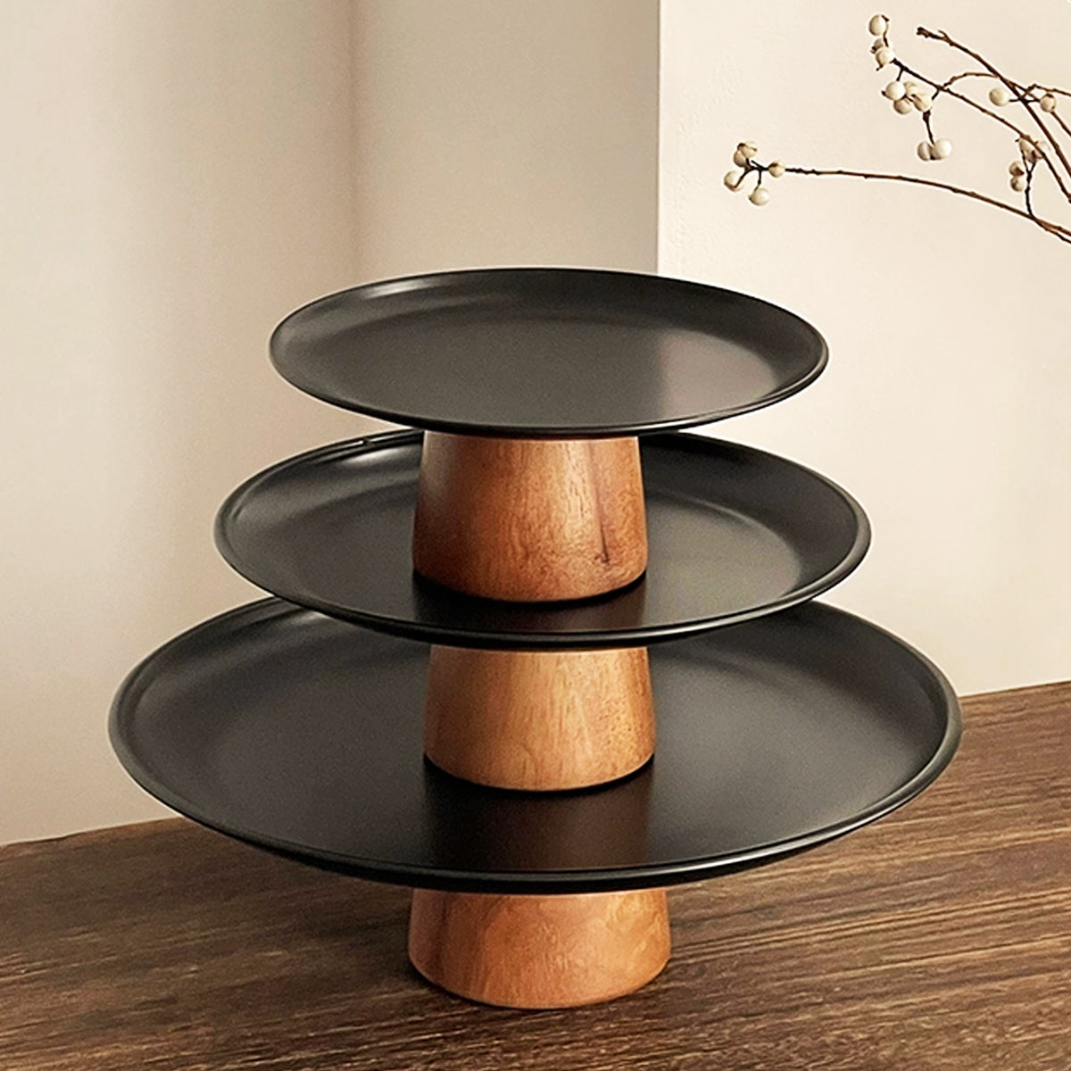 Minimalist Pedestal Tray – Matte Black & Wood Base