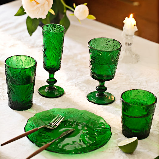 Deep Emerald Green Embossed Glassware Set
