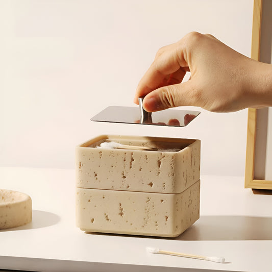 Double Tiers Multi-Use Travertine Stackable Storage Box with Metal Lid