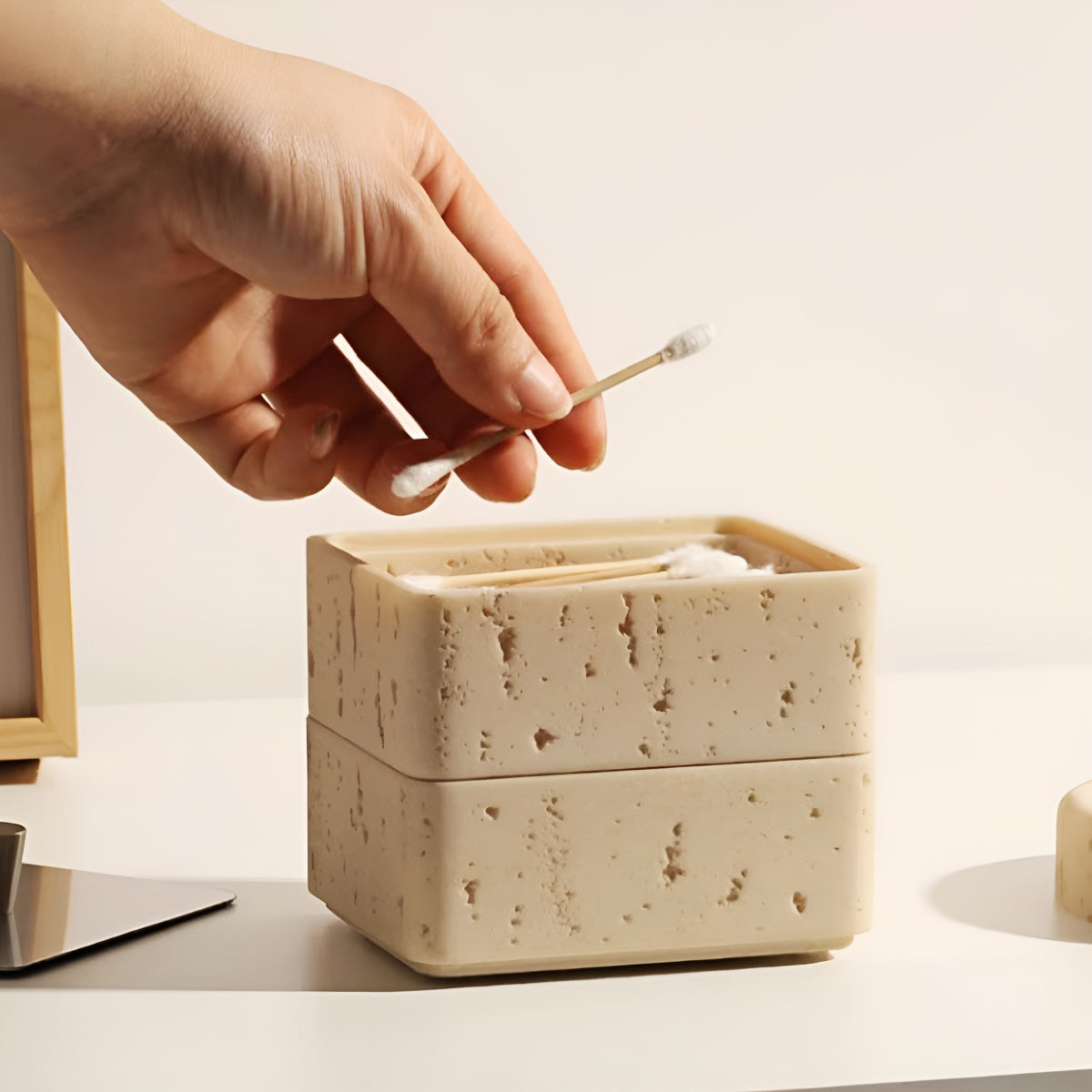 Single Tier Multi-Use Travertine Stackable Storage Box with Metal Lid
