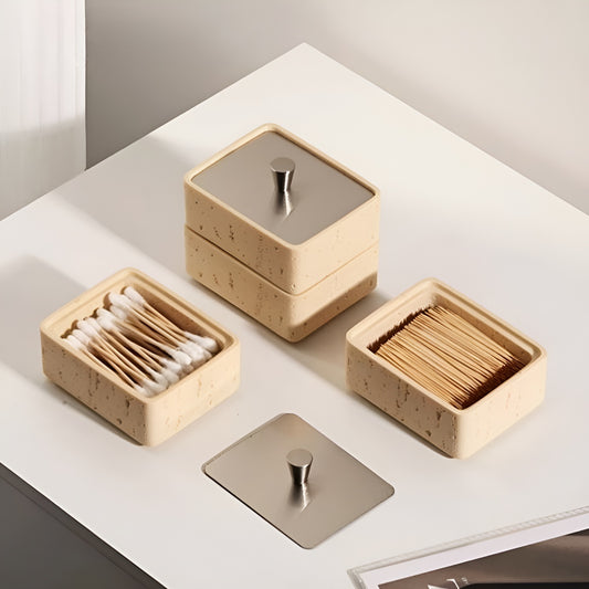 Single Tier Multi-Use Travertine Stackable Storage Box with Metal Lid