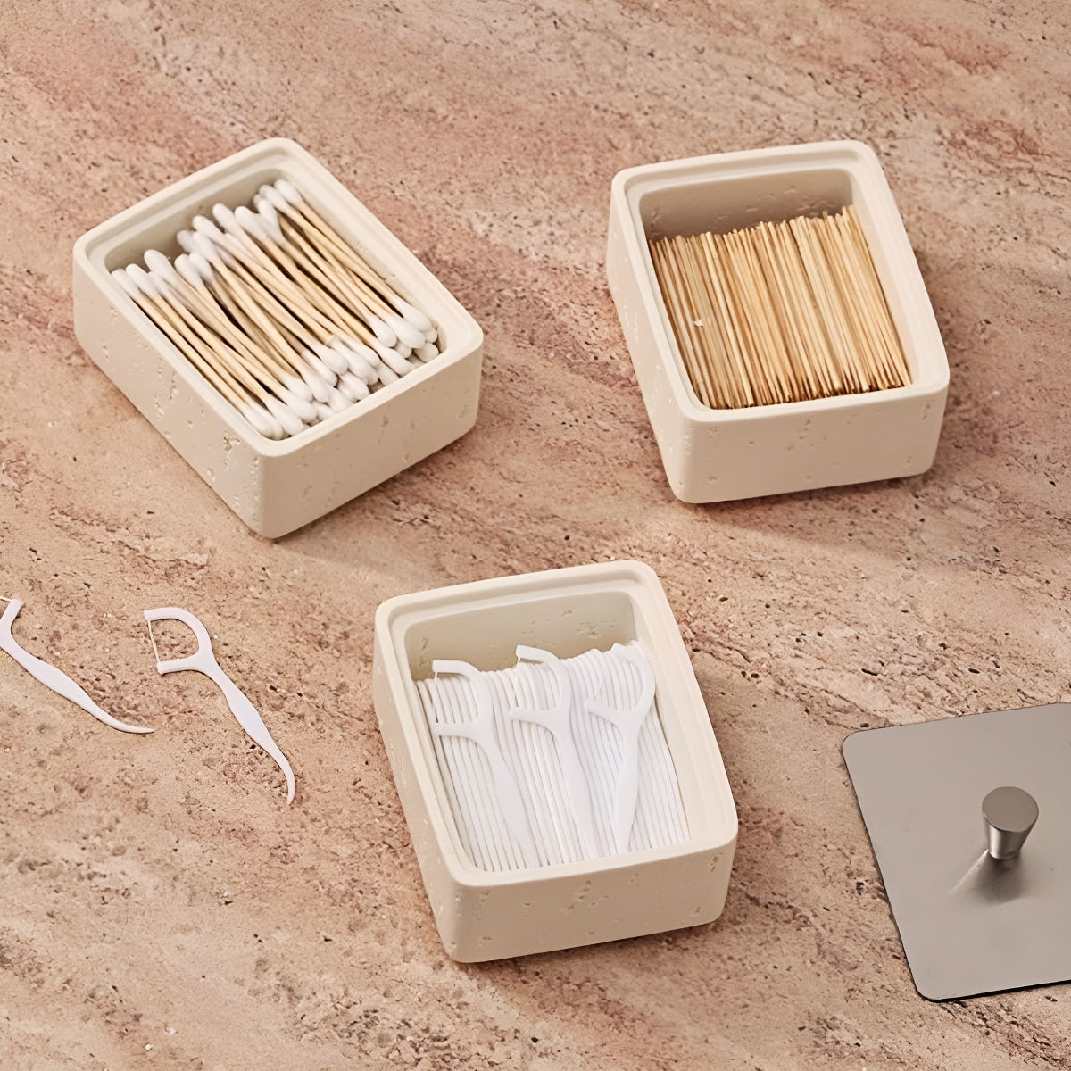 Single Tier Multi-Use Travertine Stackable Storage Box with Metal Lid