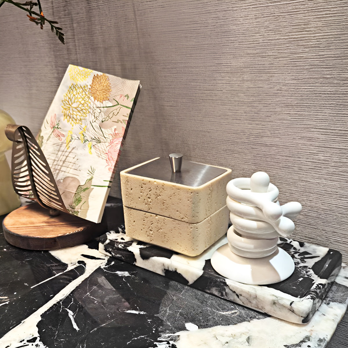 Single Tier Multi-Use Travertine Stackable Storage Box with Metal Lid