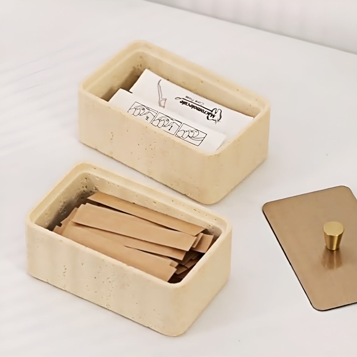 Double Tiers Multi-Use Travertine Stackable Storage Box with Metal Lid