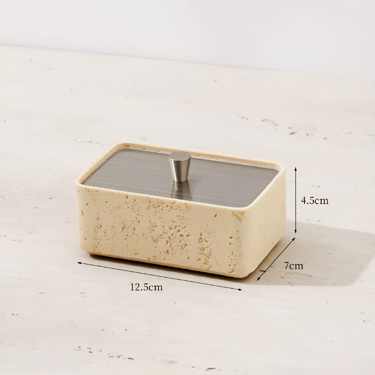 Single Tier Multi-Use Travertine Stackable Storage Box with Metal Lid