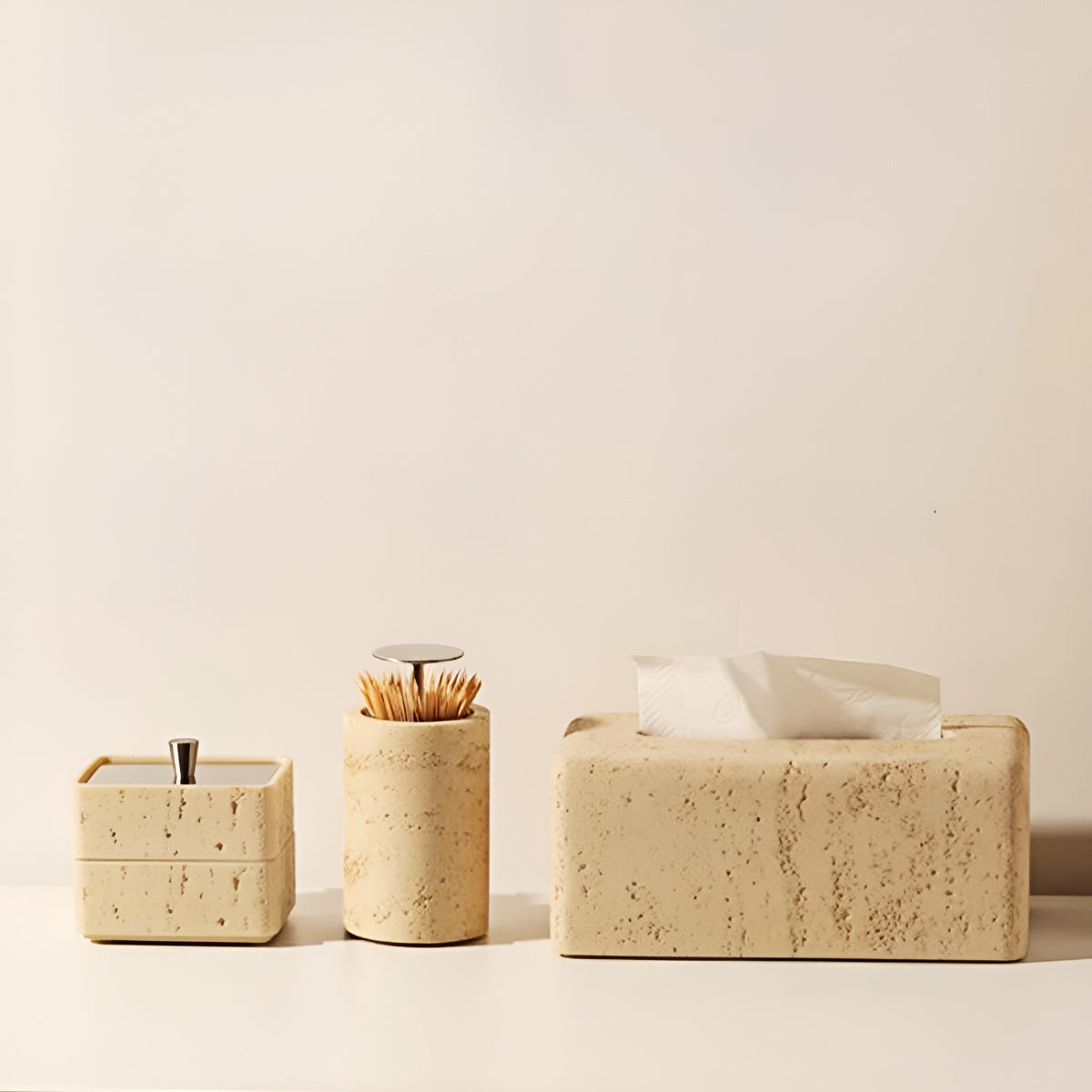 Double Tiers Multi-Use Travertine Stackable Storage Box with Metal Lid