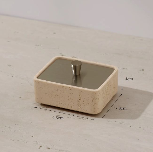 Single Tier Multi-Use Travertine Stackable Storage Box with Metal Lid
