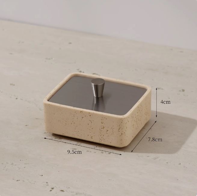 Single Tier Multi-Use Travertine Stackable Storage Box with Metal Lid