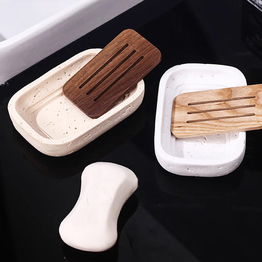 Travertine Soap Dish with Wood Lid