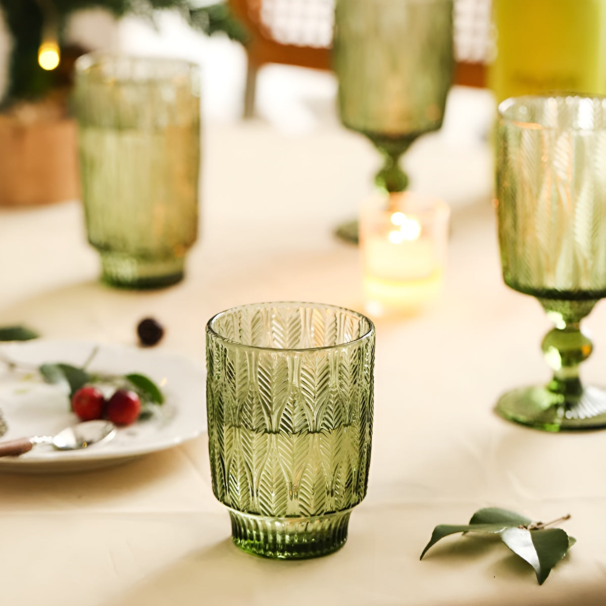 Green Leaf Embossed Glass Cup