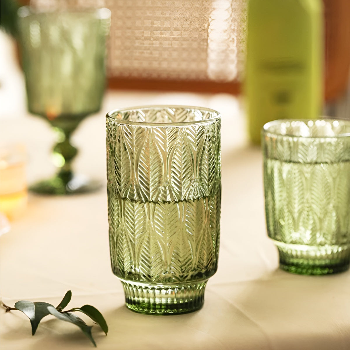 Green Leaf Embossed Glass Cup
