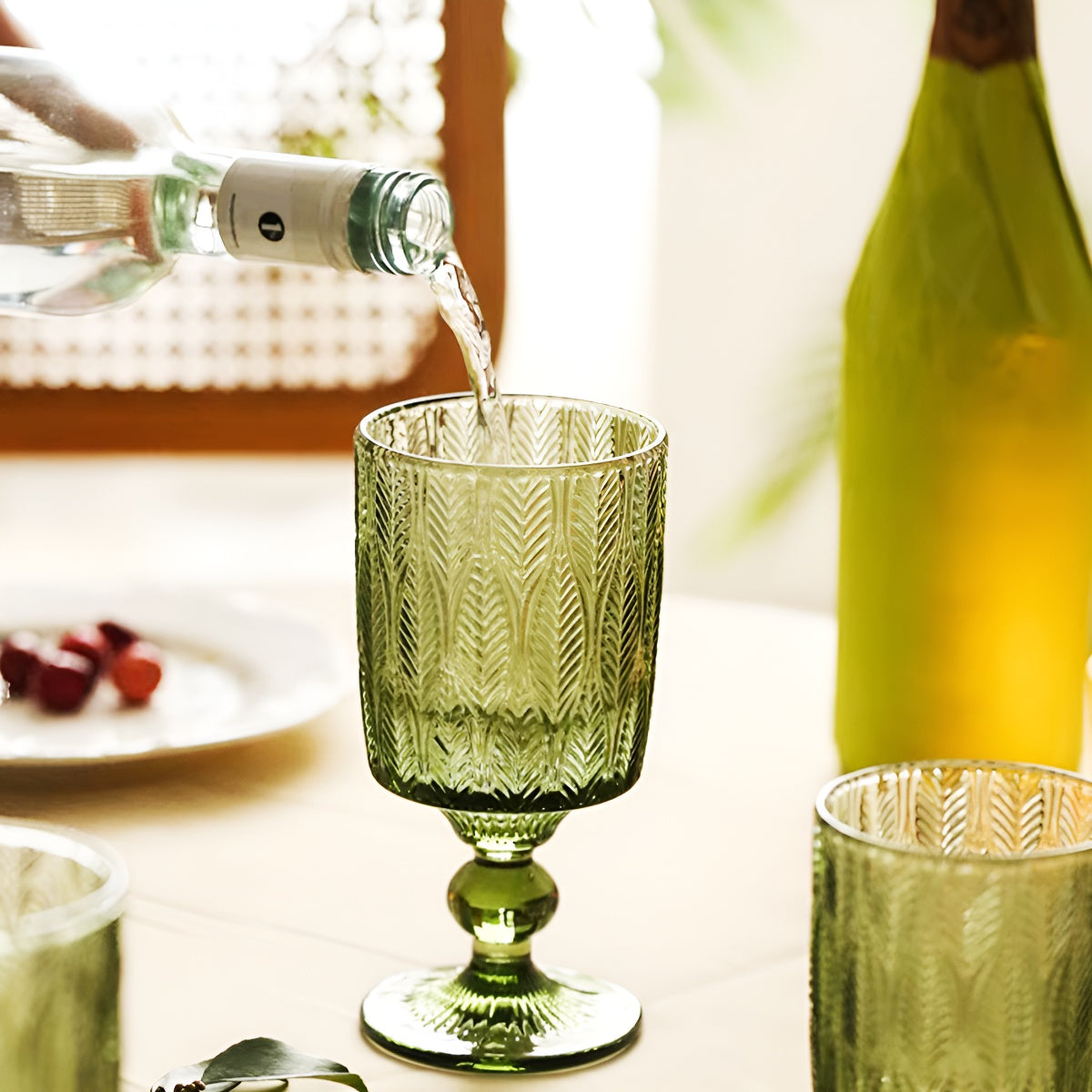Green Leaf Embossed Glass Cup