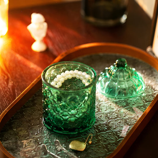 Vintage French Embossed Glass Storage Jar with Lid