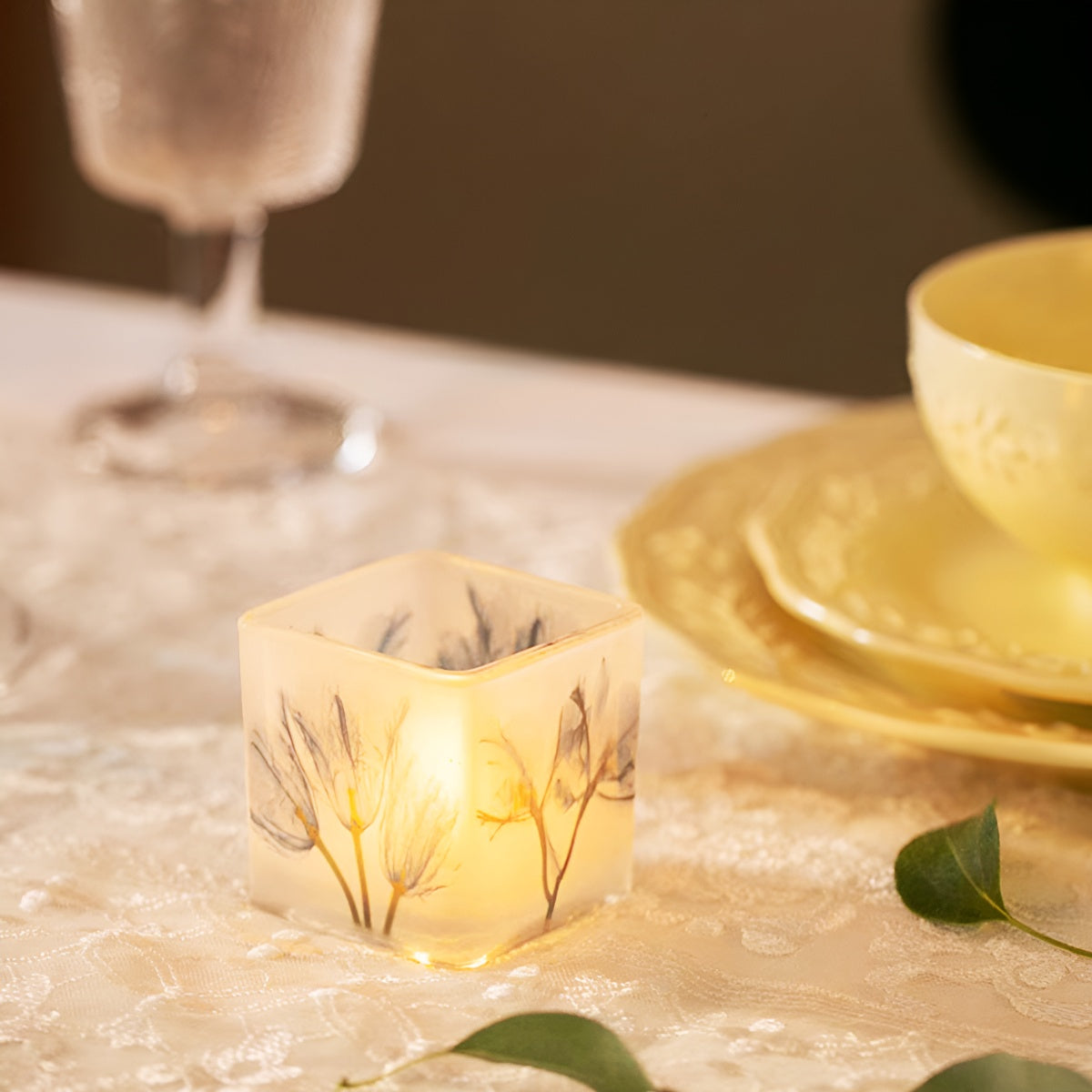 Frosted Floral Square Glass Candle Holder
