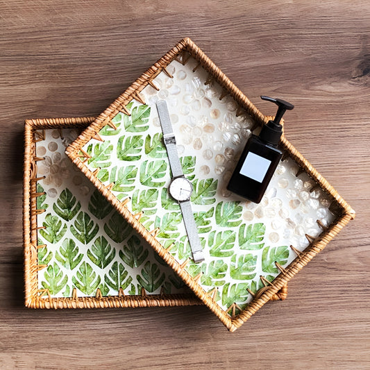 Handmade Rattan Tray with Shell Inlay Mosaic Pattern