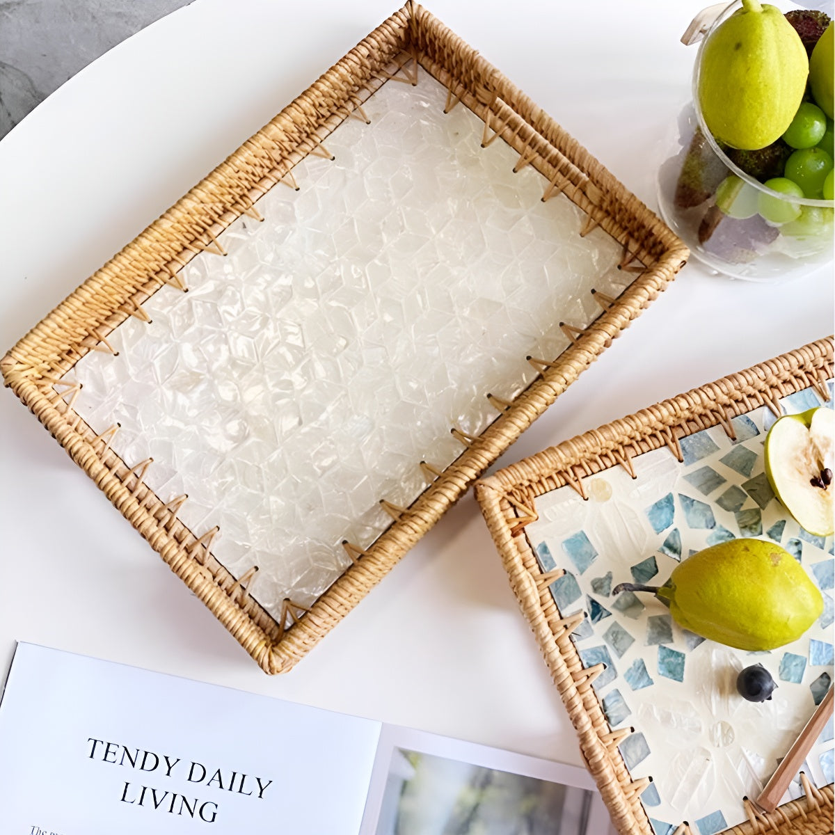 Handmade Rattan Tray with Shell Inlay Mosaic Pattern