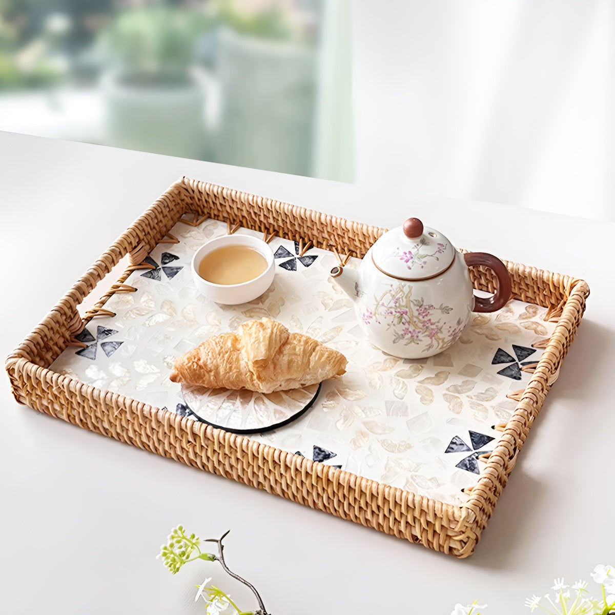 Handmade Rattan Tray with Shell Inlay Mosaic Pattern