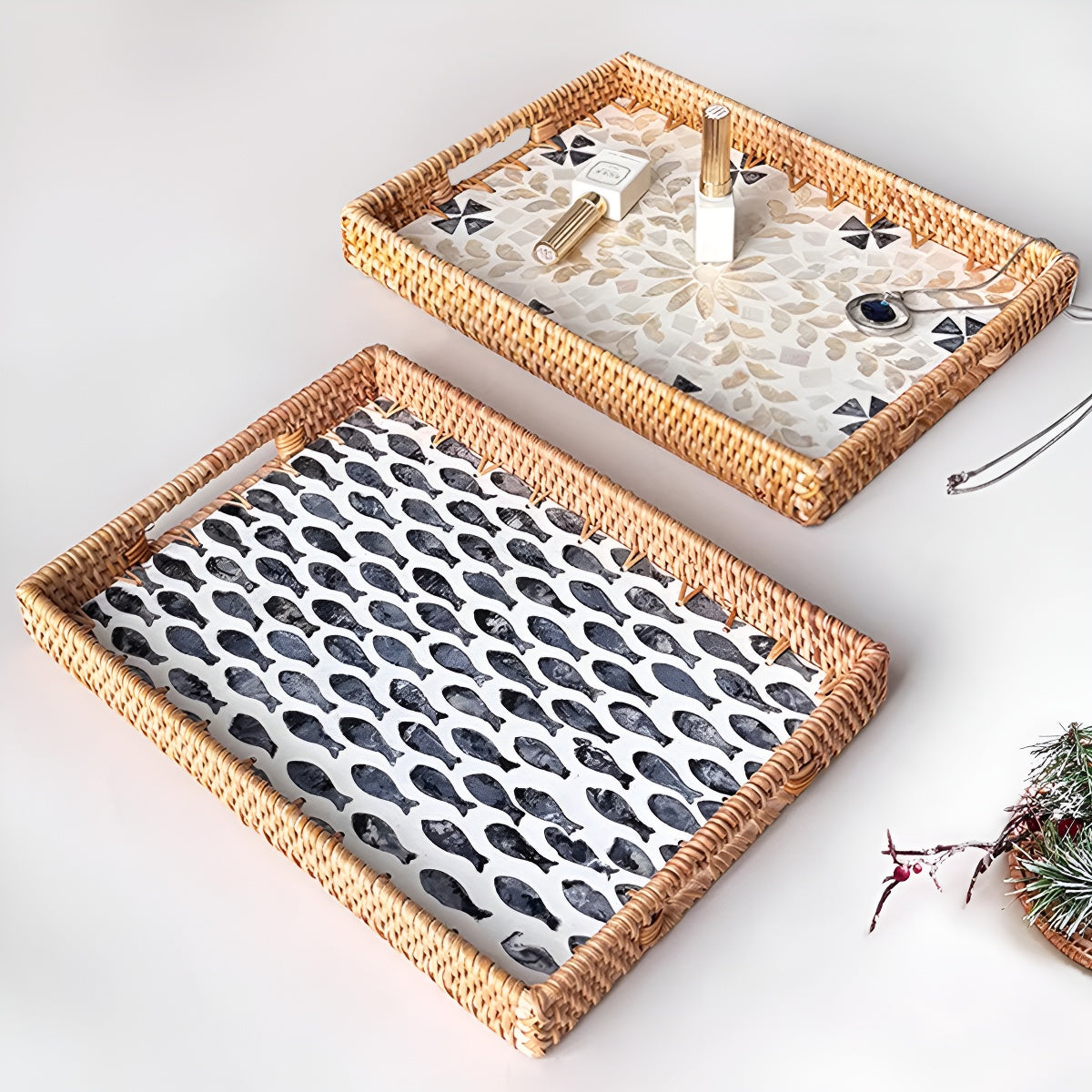 Handmade Rattan Tray with Shell Inlay Mosaic Pattern
