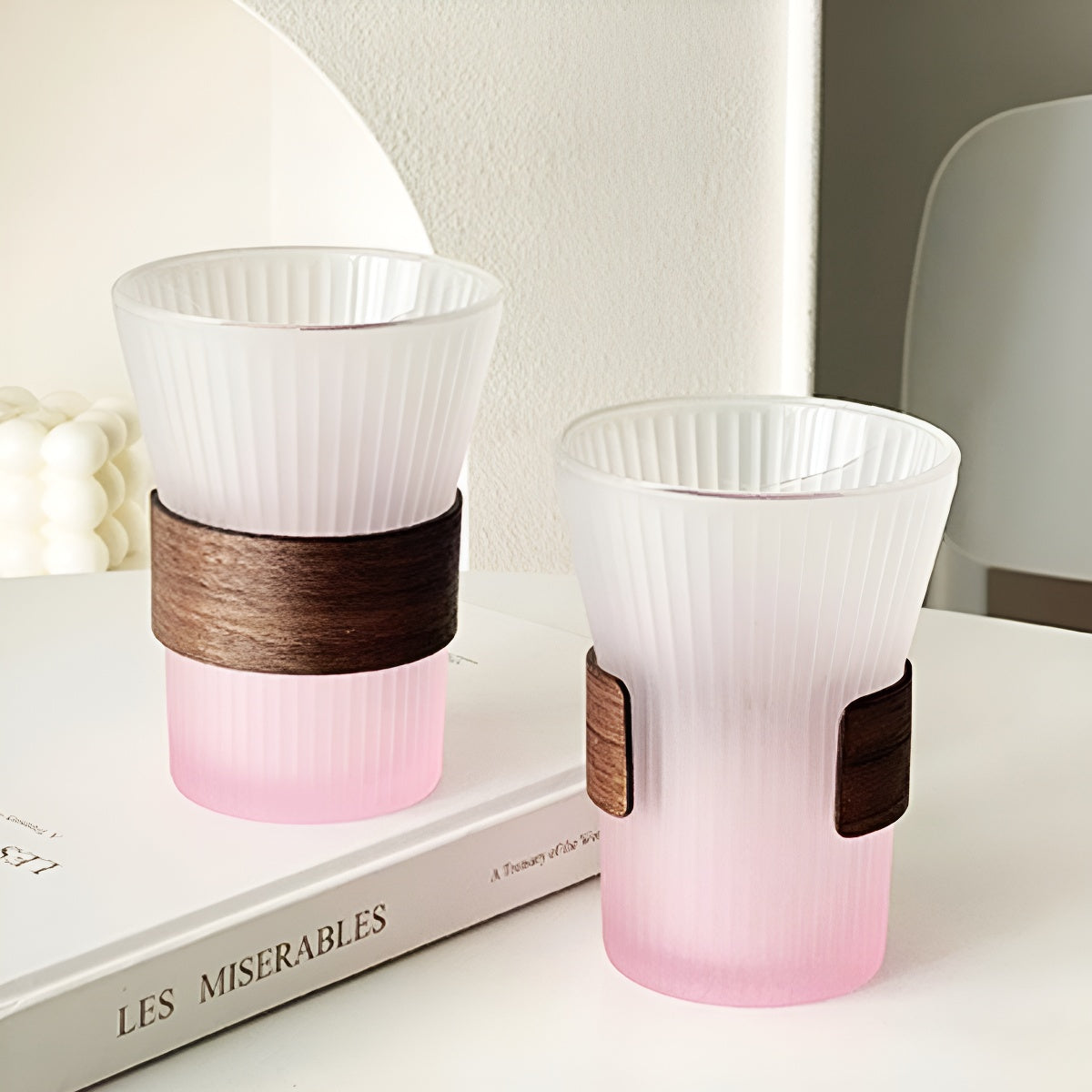 Frosted Pink Gradient Glass Cup with Wooden Sleeve Heat-Resistant
