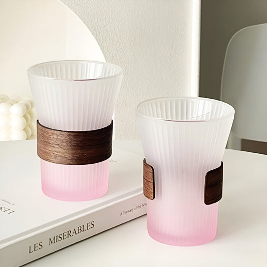 Frosted Pink Gradient Glass Cup with Wooden Sleeve Heat-Resistant