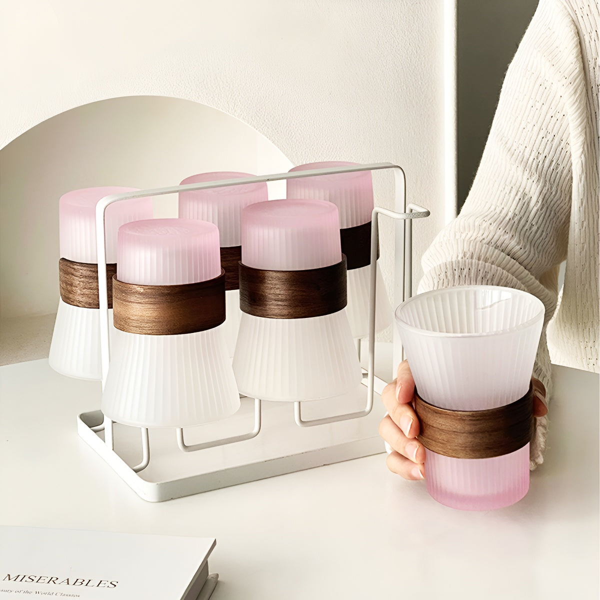 Frosted Pink Gradient Glass Cup with Wooden Sleeve Heat-Resistant