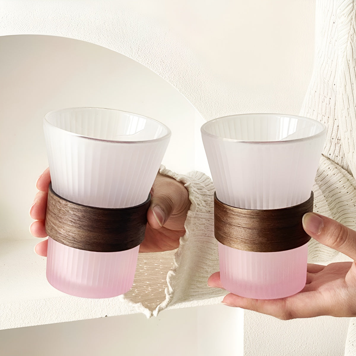 Frosted Pink Gradient Glass Cup with Wooden Sleeve Heat-Resistant