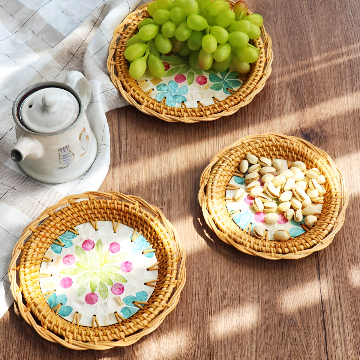 Handwoven Shell Inlay Shallow Rattan Tray with Rim