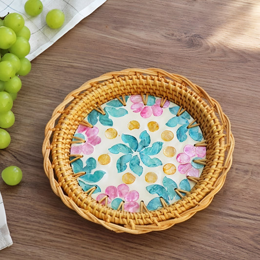 Handwoven Shell Inlay Shallow Rattan Tray with Rim