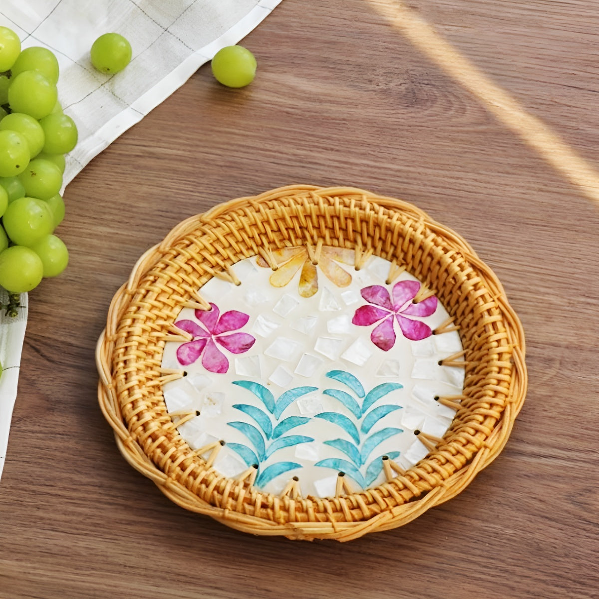 Handwoven Shell Inlay Shallow Rattan Tray with Rim