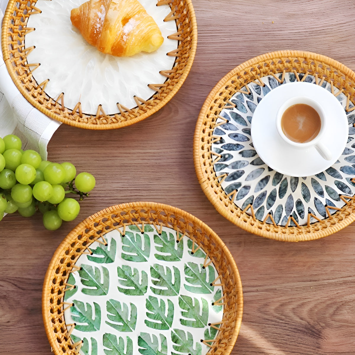 Handcrafted Rattan Round Tray with Shell Inlay