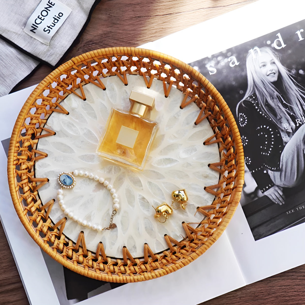 Handcrafted Rattan Round Tray with Shell Inlay