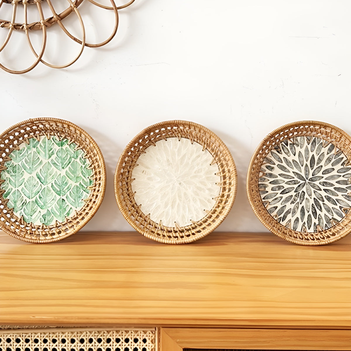 Handcrafted Rattan Round Tray with Shell Inlay