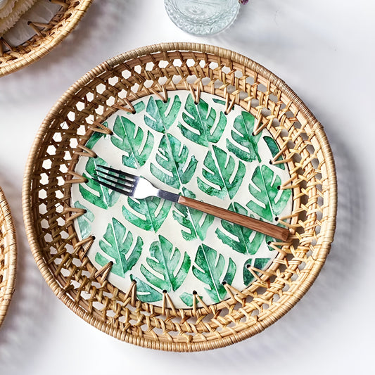 Handcrafted Rattan Round Tray with Shell Inlay