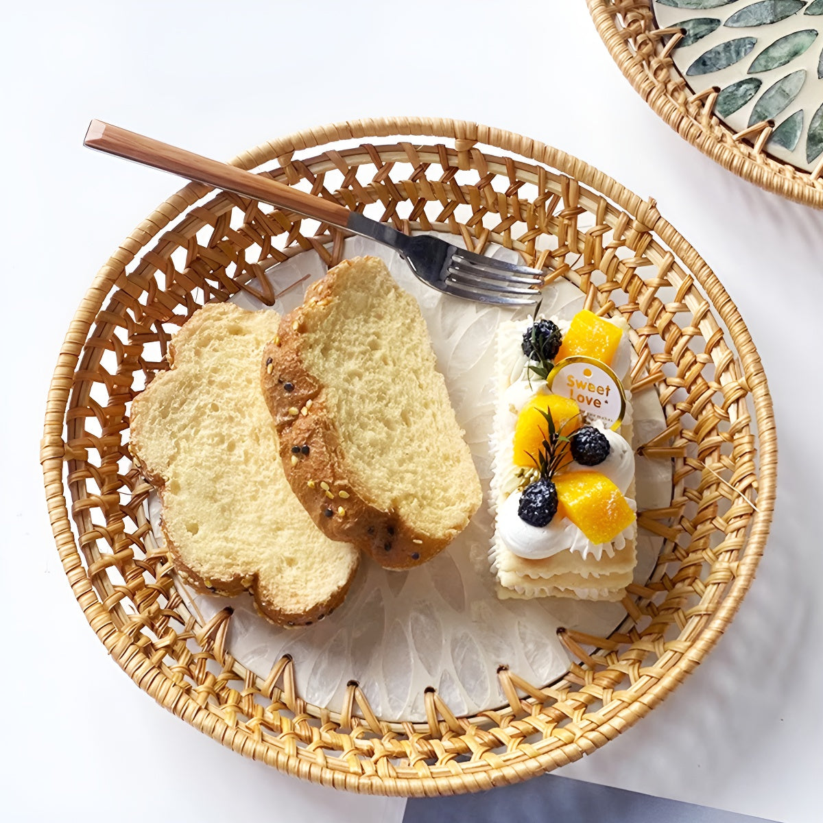 Handcrafted Rattan Round Tray with Shell Inlay