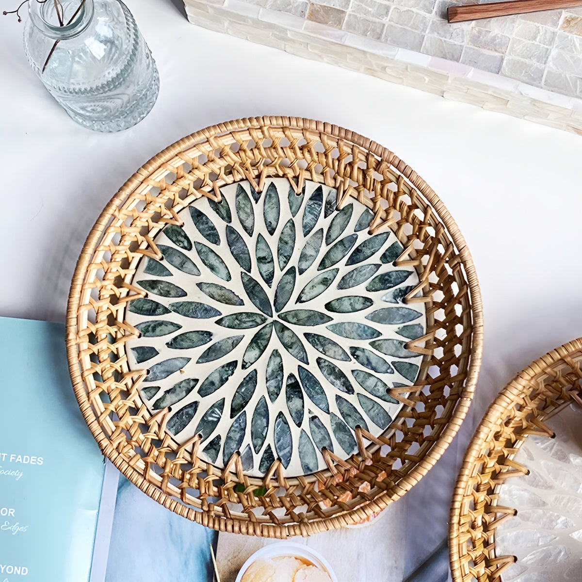 Handcrafted Rattan Round Tray with Shell Inlay