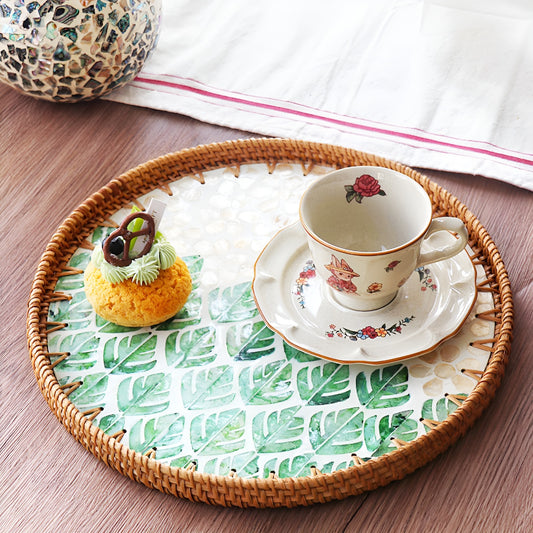 Large Handcrafted Woven Rattan Round Serving Tray with Shell Mosaic Inlay
