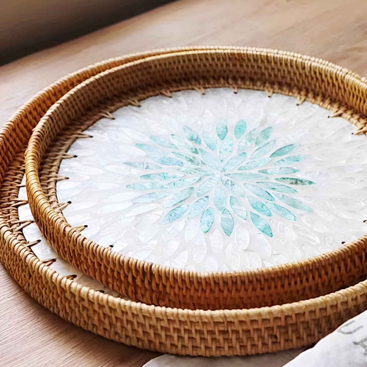 Large Handcrafted Woven Rattan Round Serving Tray with Shell Mosaic Inlay
