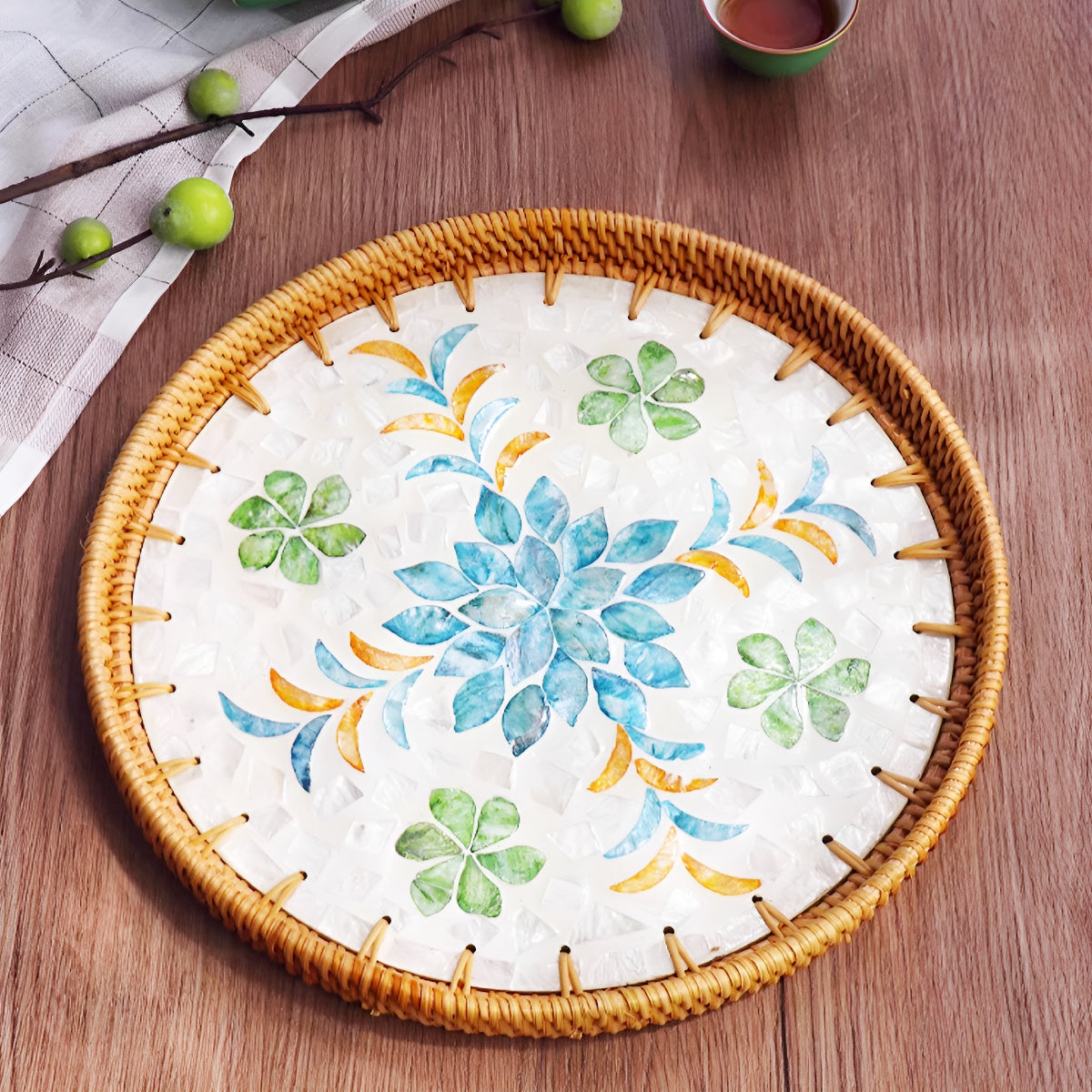 Large Handcrafted Woven Rattan Round Serving Tray with Shell Mosaic Inlay