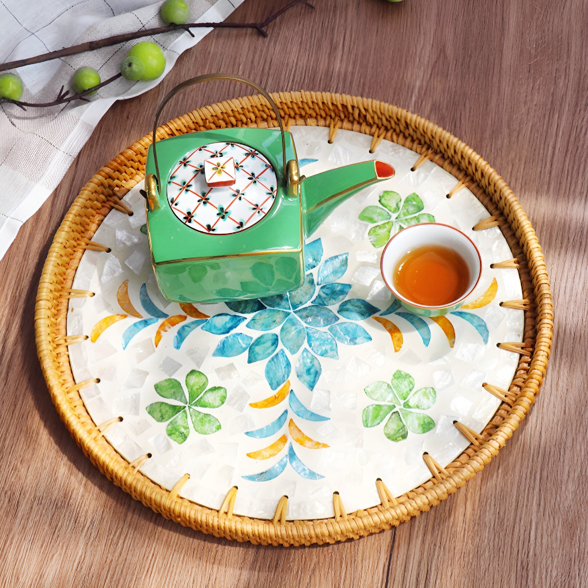 Large Handcrafted Woven Rattan Round Serving Tray with Shell Mosaic Inlay