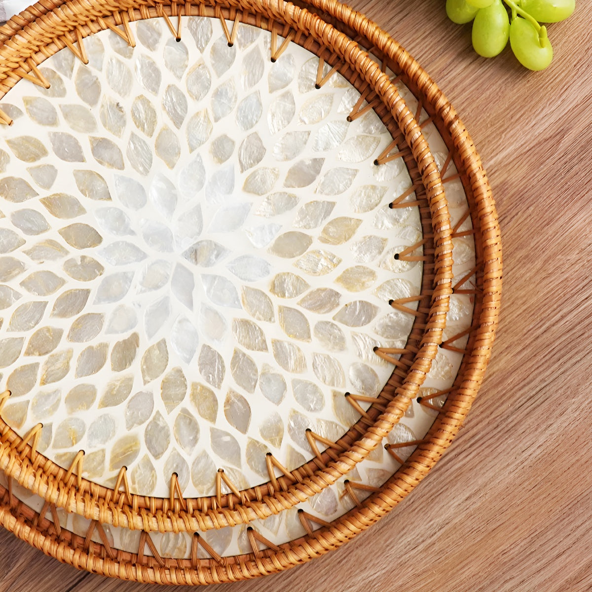Large Handcrafted Woven Rattan Round Serving Tray with Shell Mosaic Inlay