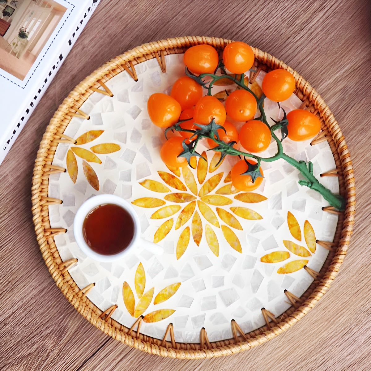 Large Handcrafted Woven Rattan Round Serving Tray with Shell Mosaic Inlay