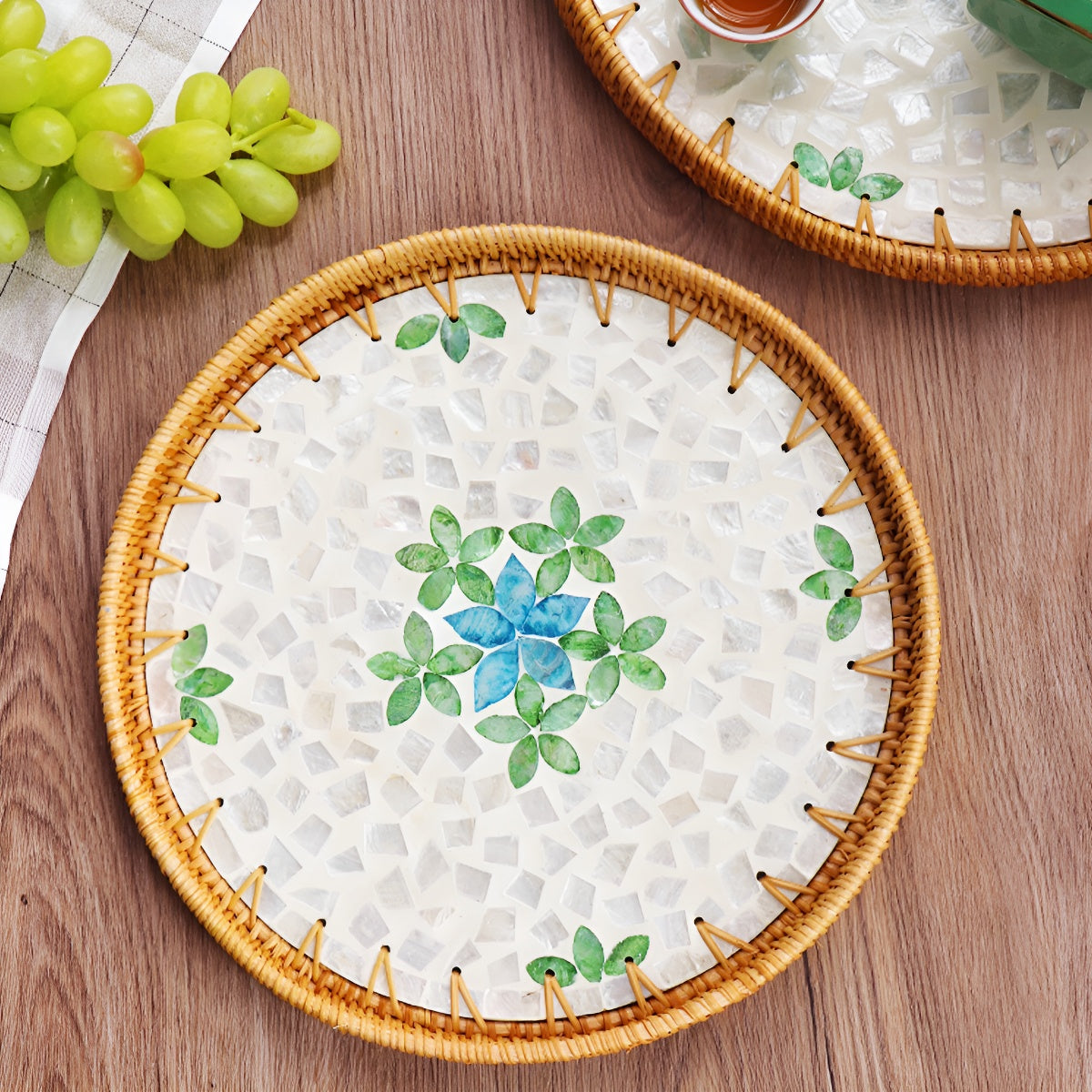 Large Handcrafted Woven Rattan Round Serving Tray with Shell Mosaic Inlay